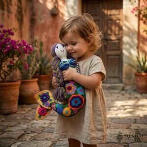 Mexican hand embroidered Mermaid shape decorative pillow  doll 14 x 8 inches